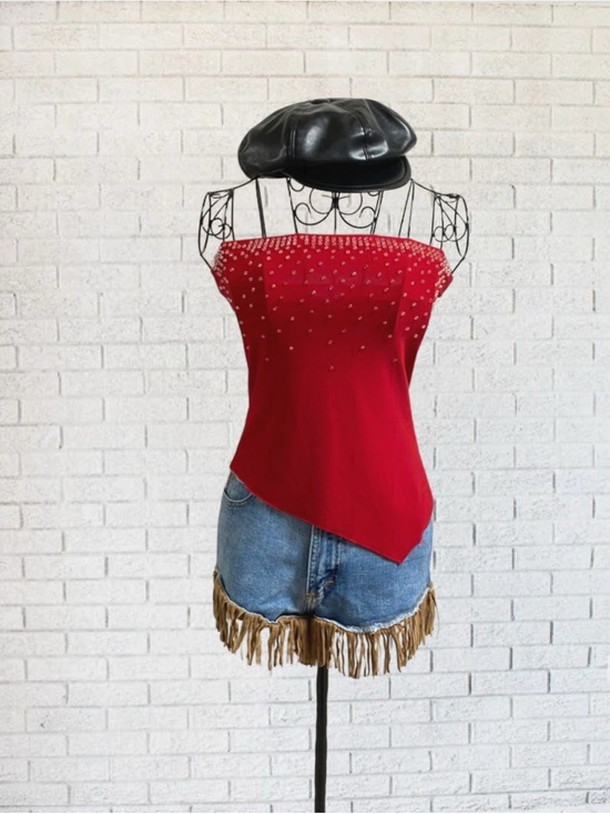 Vintage Tops - Red Y2K Vintage Asymmetrical Tube Crop Top Sparkle Bead Bodycon Medium Sexy Emo